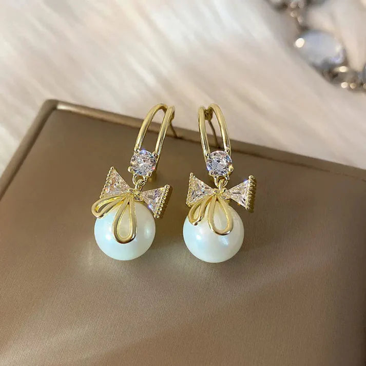 Elegant Bow Pearl Drop Earrings