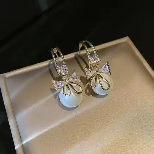 Elegant Bow Pearl Drop Earrings
