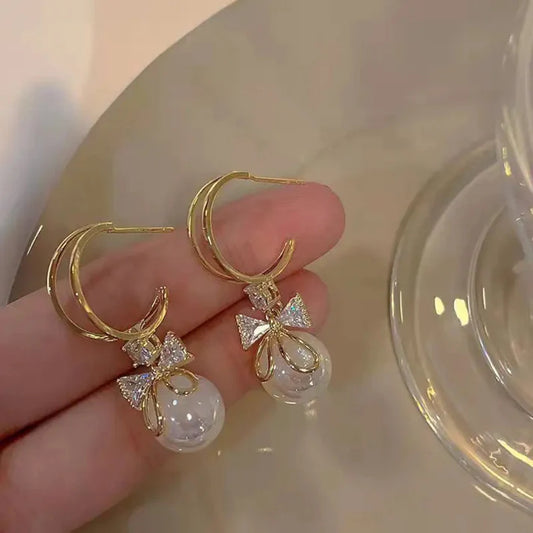 Elegant Bow Pearl Drop Earrings