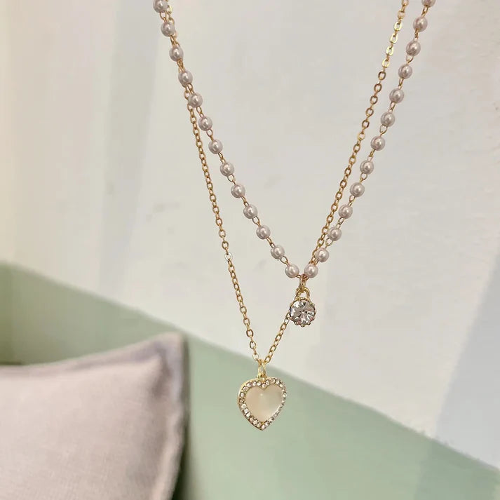Pearl Crystal Double Layer Love Pendant Necklace