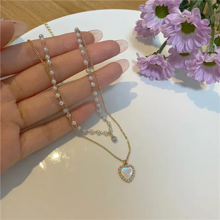 Pearl Crystal Double Layer Love Pendant Necklace
